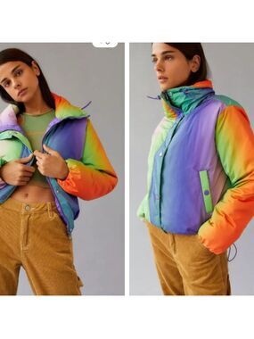BDG Isla Lightweight Funnel Neck Puffer Jacket Women's Size XXS RAINBOW JACKET